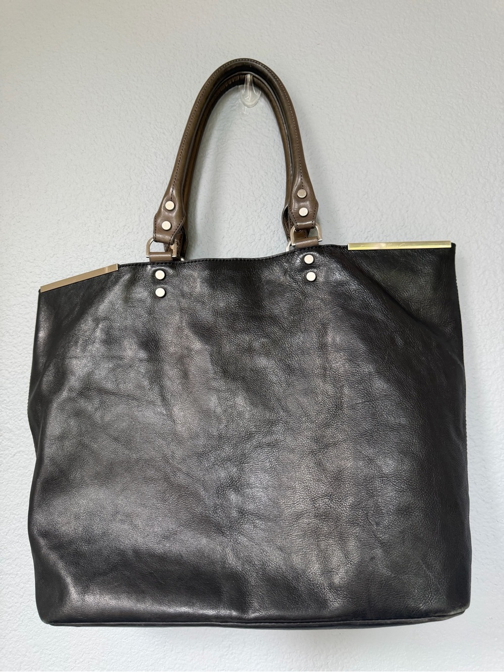 Kenneth Cole Black Leather Tote with Brown Handles